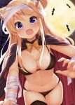  1girl :d animal animal_ear_fluff animal_ears bandaged_arm bandaged_head bandages bangs bat bikini black_bikini black_cape black_legwear blonde_hair blue_eyes blush bow breasts brown_bow cape cat_ears cleavage collarbone commentary_request eyebrows_visible_through_hair fang full_moon hair_bun hair_ornament hairclip halloween highres kemonomimi_mode kin-iro_mosaic kujou_karen large_breasts long_hair looking_at_viewer minato_(ojitan_gozaru) moon multicolored multicolored_cape multicolored_clothes navel night night_sky o-ring o-ring_bikini o-ring_bottom o-ring_top open_mouth outdoors red_cape single_thighhigh sky smile solo swimsuit thighhighs very_long_hair x_hair_ornament 