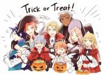  3girls 5boys animal_ears annette_fantine_dominic ashe_ubert black_hair blonde_hair blue_eyes bow breasts candy cape cleavage closed_eyes cosplay dark_skin dark_skinned_male dedue_molinaro demon_horns demon_tail dimitri_alexandre_blaiddyd dinikee fake_tail felix_hugo_fraldarius fire_emblem fire_emblem:_three_houses food frankenstein&#039;s_monster frankenstein&#039;s_monster_(cosplay) gloves green_eyes grey_hair hair_bow halloween_basket halloween_costume halo hat holding horns ingrid_brandl_galatea long_hair long_sleeves low_ponytail mercedes_von_martritz multiple_boys multiple_girls one_eye_closed open_mouth orange_hair pirate_costume pirate_hat red_cape red_hair short_hair simple_background stitches sylvain_jose_gautier tail trick_or_treat twintails white_background white_gloves white_hair witch_hat 