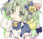  1girl animal_ears bell bow cat_ears cat_tail dejiko di_gi_charat green_eyes green_hair hair_bow highres jingle_bell looking_at_viewer maid multiple_hair_bows neck_bell open_mouth outside_border short_sleeves solo soresaki tail tail_bow tail_ornament 