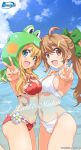  2girls armpits bikini blonde_hair blue_eyes bow bowtie breasts brown_eyes brown_hair cloud crossover earrings frog_hood green_bow hair_bow hand_on_another&#039;s_shoulder highres inoue_sora jewelry laki_station long_hair looking_at_viewer medium_breasts midori-chan_(myslot) multiple_girls myslot navel nijikawa_laki ocean open_mouth ponytail sideboob sky smile summer swimsuit v water white_bikini 