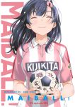  1girl artist_name ball black_hair blush closed_eyes commentary_request copyright_name hair_ornament hairclip highres inoue_sora jersey long_hair mai_ball! miyano_mai official_art pink_stripes shirt simple_background smile soccer_ball soccer_uniform solo sportswear striped striped_shirt upper_body white_background 