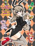  1girl alternate_costume animal_ears argyle argyle_background ass bandaged_hands bandages bangs black_jacket black_ribbon blush boko_(girls_und_panzer) brown_eyes bunnysuit character_name club_(shape) coattails commentary_request dated english_text eyebrows_visible_through_hair fake_animal_ears fake_tail fishnet_legwear fishnets from_behind girls_und_panzer hair_ribbon happy_birthday happy_halloween heart high_heels holding holding_pocket_watch holding_stuffed_animal jacket leg_up light_brown_hair long_hair long_sleeves looking_at_viewer looking_back one_side_up oosaka_kanagawa open_mouth orange_background outline parted_lips partial_commentary pocket_watch red_footwear ribbon shimada_arisu smile solo standing standing_on_one_leg stuffed_animal stuffed_toy tail teddy_bear thighhighs watch white_outline 