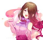  1girl adapted_costume akumu_(glitchtale) alternate_hair_length alternate_hairstyle arm_at_side bad_deviantart_id bad_id bare_shoulders bete_noire bright_pupils brown_hair chychydapotats glitchtale gradient_hair hand_up high-waist_skirt long_hair long_sleeves looking_at_viewer multicolored_hair off-shoulder_sweater off_shoulder open_mouth outline pink_eyes pink_hair pink_skirt pink_sweater purple_sweater simple_background skirt sleeves_past_wrists smile solo sweater sweater_tucked_in teeth tongue turtleneck turtleneck_sweater two-tone_sweater undertale upper_body upper_teeth_only white_outline white_pupils 