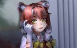  1girl :3 animal_ear_fluff animal_ears bangs black_hair commentary elbow_gloves extra_ears gloves hair_between_eyes hair_ribbon kemono_friends looking_at_viewer medium_hair meme multicolored_hair parted_lips portrait red_hair ribbon roll_safe_(meme) siberian_tiger_(kemono_friends) signature smile solo tiger_ears welt_(kinsei_koutenkyoku) white_hair wing_collar yellow_eyes yellow_ribbon 