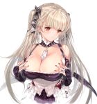  1girl artist_name azur_lane bangs bare_shoulders black_dress black_nails black_ribbon breasts choker cleavage corset dress earrings ears eyebrows eyebrows_visible_through_hair formidable_(azur_lane) frills hair_ribbon hands_on_own_chest huge_breasts jewelry long_hair looking_away looking_to_the_side min-naraken nail_polish orange_eyes platinum_blonde_hair ribbon shiny shiny_skin signature solo twintails very_long_hair 