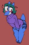 2024 3_fingers 3_toes anthro banjo-kazooie biped blush bottomless breasts clothed clothing clothing_pull covering covering_crotch embarrassed eyebrows feet female fingers grin hair hip_markings jinjo leg_markings markings prick_ears purple_clothing purple_sweater purple_topwear rareware smile sofia_drawsmore soles solo sophia_(sofia_drawsmore) sweatdrop_(iconography) sweater tail teal_hair teeth_showing thick_thighs toes topwear trans_(lore) trans_woman_(lore) wide_hips