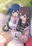 2girls :3 akagi_(kantai_collection) alternate_costume bag bangs belt blue_eyes blue_hair blurry blurry_background blush book breasts brown_eyes brown_hair bubble_tea bubble_tea_challenge commentary_request cup day disposable_cup drinking_straw emia_wang eyebrows_visible_through_hair hair_ribbon handbag highres holding holding_book index_finger_raised jacket kantai_collection large_breasts long_hair long_sleeves medium_breasts multiple_girls object_on_breast open_mouth outdoors pointing ribbon shirt sidelocks sitting souryuu_(kantai_collection) 