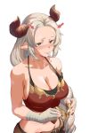  1girl aliza_(granblue_fantasy) bandages blush braid breasts cleavage crop_top draph fingernails granblue_fantasy headwear_removed highres horns large_breasts long_hair midriff sunao_(souis) white_background 