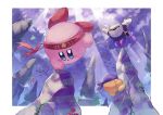  absurdres bandana bandana_waddle_dee cape cloud cloudy_sky falling handstand headband highres king_dedede kirby kirby&#039;s_return_to_dream_land kirby_(series) mask meta_knight outstretched_arms pose rock scabbard sheath shiburingaru sky sparkle star sunlight sword tiptoes training upside-down weapon 