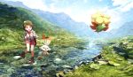  1girl ankle_boots backpack bag boots brown_hair cloud commentary female_protagonist_(pokemon_swsh) gen_8_pokemon gossifleur highres knees_together_feet_apart mountain nature open_mouth outdoors pokemon pokemon_(creature) pokemon_(game) pokemon_swsh ribero rock scenery scorbunny short_hair sky standing standing_on_one_leg stream tam_o&#039;_shanter water 
