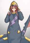  1girl animal_hood commentary cosplay english_commentary eyebrows_visible_through_hair finalcake gen_3_pokemon hair_between_eyes hood kigurumi lamia long_hair looking_at_viewer miia_(monster_musume) monster_girl monster_musume_no_iru_nichijou pointy_ears pokemon red_hair scales seviper seviper_(cosplay) simple_background slit_pupils smile solo tail yellow_eyes 