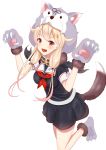  1girl :d absurdres alternate_costume animal_hood black_ribbon black_serafuku blonde_hair blush breasts claws fang gloves hair_flaps hair_ornament hair_ribbon hairclip hands_up highres hood hood_up kantai_collection leg_up long_hair looking_at_viewer low_twintails neckerchief open_mouth paw_boots paw_gloves paws pleated_skirt red_eyes remodel_(kantai_collection) ribbon scarf school_uniform serafuku simple_background skirt sleeve_cuffs smile solo tail twintails white_background yuudachi_(kantai_collection) zuki 