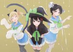  3girls animal_ears bana_(stand_flower) bandages black_hair blonde_hair blue_eyes bolt bow cat_ears cat_tail cosplay frankenstein&#039;s_monster frankenstein&#039;s_monster_(cosplay) green_neckwear hair_bow halloween halloween_costume hat hibike!_euphonium highres hisaishi_kanade kitauji_high_school_uniform multiple_girls neckerchief red_eyes school_uniform serafuku short_hair skirt smile suzuki_mirei suzuki_satsuki tail twintails very_short_hair witch_hat 