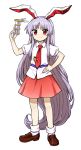  1girl animal_ears brown_footwear bunny_ears eyebrows_visible_through_hair full_body hand_on_hip hand_up highres itou_yuuji long_hair looking_at_viewer lunatic_gun necktie puffy_short_sleeves puffy_sleeves purple_hair red_eyes red_neckwear red_skirt reisen_udongein_inaba shirt shoes short_sleeves simple_background skirt smile socks solo standing touhou very_long_hair white_background white_legwear white_shirt wing_collar 
