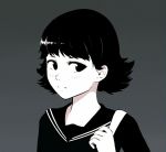  1girl bad_source bag bangs black_eyes black_hair bob_cut copyright_request greyscale ilya_kuvshinov_(style) monochrome school_bag school_uniform self_upload solo 