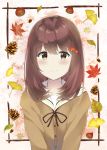  1girl 7_calpis_7 autumn_leaves bangs black_ribbon blush brown_cardigan brown_eyes brown_hair cardigan closed_mouth commentary_request eyebrows_visible_through_hair ginkgo ginkgo_leaf hair_between_eyes highres leaf long_hair looking_at_viewer maple_leaf neck_ribbon original pinecone ribbon sailor_collar school_uniform serafuku smile solo upper_body white_sailor_collar 