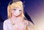  1girl artist_name bare_shoulders blonde_hair blue_eyes breasts cleavage collarbone collared_shirt commentary_request demon_girl demon_horns demon_wings gradient gradient_background hair_ribbon hololive horns large_breasts long_hair looking_at_viewer naomi_(fantasia) no_bra off_shoulder open_clothes open_shirt parted_lips pointy_ears ribbon shirt sidelocks sky solo star_(sky) starry_sky upper_body virtual_youtuber white_shirt wings yuzuki_choco 
