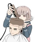  1boy 1girl ahoge brown_hair choso_giving_toudou_a_haircut_(meme) danganronpa_(series) danganronpa_2:_goodbye_despair galaga hair_ornament hairdressing hinata_hajime holding kmnm_1403 long_sleeves medium_hair meme nanami_chiaki pink_eyes razor scar scar_on_face scar_on_forehead simple_background smile white_background 