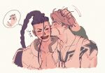  2boys animalization arm_up bare_shoulders black_hair blonde_hair blush braid chest_tattoo closed_eyes collarbone collared_jacket commentary couple cropped_torso dog_tags ei_(k_m_d_r) eyeliner hand_on_another&#039;s_head image_in_thought_bubble jacket jamie_siu kiss kissing_cheek long_bangs long_braid luke_sullivan makeup male_focus multicolored_hair multiple_boys multiple_tattoos open_clothes open_jacket open_mouth pectorals scar scar_on_cheek scar_on_face shoulder_tattoo single_bang single_braid street_fighter street_fighter_6 symbol-only_commentary tank_top tattoo thought_bubble two-tone_hair yaoi 
