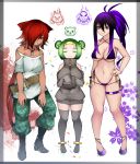  3girls :3 absurdres ahoge animal_ears anklet aoshima arms_up bare_shoulders belt belt_pouch bikini black_border black_footwear blue_bikini blue_eyes blue_footwear blue_hair bob_cut boots border breasts camouflage camouflage_pants chain collarbone commentary_request detached_sleeves dog_tags double_bun eagle_spirit_(touhou) expressionless facing_viewer floral_background full_body green_hair grey_border grey_jacket grey_legwear hair_between_eyes hair_over_one_eye hand_on_hip high_collar high_heel_boots high_heels highres jacket jewelry large_breasts light_smile long_hair micro_bikini multi-strapped_bikini multiple_girls navel off-shoulder_shirt off_shoulder otter_spirit_(touhou) pants personification petals ponytail pouch raglan_sleeves red_eyes red_hair scowl sharp_teeth shirt short_hair side-tie_bikini sleeves_past_fingers sleeves_past_wrists slit_pupils slouching splatter_background standing swimsuit teeth thick_eyebrows thigh_strap thighhighs touhou very_long_hair white_background white_shirt wolf_ears wolf_spirit_(touhou) zipper 