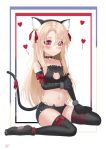  1girl absurdres animal_ears bare_shoulders black_legwear black_panties blonde_hair blush cat_cutout cat_ears cat_tail collarbone commentary_request fate/kaleid_liner_prisma_illya fate_(series) hair_ribbon heart highres illyasviel_von_einzbern long_hair looking_at_viewer navel panties red_eyes red_ribbon ribbon sitting solo tail thighhighs tlgn001018 underwear 