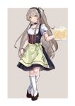 1girl 404_logo_(girls_frontline) alcohol barmaid beer beer_mug breasts commentary_request fuyukin_chiba german_clothes girls_frontline grey_hair highres long_hair oktoberfest shoes side_ponytail small_breasts socks solo ump45_(girls_frontline) yellow_eyes 