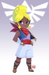  1girl bandaged_arm bandages bangs beehive_hairdo big_hair black_eyes blonde_hair commission dark_skin flat_chest full_body hands_on_hips highres neckerchief parted_bangs pointy_ears sandals sash shorts smile solo tetra the_legend_of_zelda the_legend_of_zelda:_the_wind_waker tovio_rogers vest 