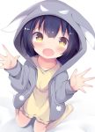  1girl :d bangs black_hair blush brown_eyes character_hood collarbone drawstring dress eyebrows_visible_through_hair fang frilled_dress frills gochuumon_wa_usagi_desu_ka? grey_jacket hands_up hood hood_up hooded_jacket jacket jouga_maya kneehighs kneeling kyuukon_(qkonsan) long_sleeves looking_at_viewer no_shoes open_clothes open_jacket open_mouth pom_pom_(clothes) smile solo white_background wild_geese yellow_dress yellow_legwear 