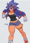  1girl absurdres anger_vein bandaid bandaid_on_knee bandaid_on_leg bandaid_on_thigh black_shirt blue_hair blue_jacket blue_shorts blush_stickers breasts cleavage clenched_hands commentary ear_piercing gabriel_ales genderswap genderswap_(mtf) gloves goggles goggles_on_head hair_between_eyes highres humanization jacket loose_socks medium_breasts medium_hair narrow_waist open_clothes open_jacket piercing red_footwear shirt shoes short_shorts shorts sneakers socks solo sonic_(series) sonic_the_hedgehog spiked_hair teeth thick_thighs thigh_strap thighs white_gloves 