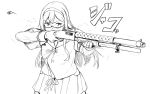  1girl aiming commentary_request eyebrows_visible_through_hair glasses greyscale gun hairband holding holding_gun holding_weapon kantai_collection long_hair long_sleeves monochrome ooyodo_(kantai_collection) pump_action semi-rimless_eyewear shotgun shotgun_shells simple_background skirt solo under-rim_eyewear vent_arbre weapon white_background winchester_model_1912 