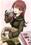  &gt;_&lt; 3girls akino_coto bangs black_hair blunt_bangs blush blush_stickers braid breasts brown_eyes brown_hair chibi closed_eyes commentary_request hair_ribbon hat kantai_collection kitakami_(kantai_collection) large_breasts long_hair long_sleeves looking_at_viewer low_twintails mikura_(kantai_collection) multiple_girls ooi_(kantai_collection) open_mouth pillow pleated_skirt puffy_short_sleeves puffy_sleeves red_skirt ribbon sailor_collar sailor_hat sailor_shirt school_uniform serafuku shirt short_sleeves sidelocks simple_background sitting skirt smile tress_ribbon twintails wariza white_headwear white_shirt 