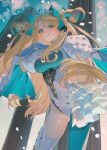  1girl absurdres aqua_pantyhose blonde_hair blue_eyes blue_sky blush breasts broken_pillar cloud commentary covered_navel curled_horns curtained_hair falling_petals fate/grand_order fate_(series) framed_breasts gloves grin hair_ribbon hand_up headpiece highleg highleg_leotard highres horns leotard light_(nightty45) long_hair looking_at_viewer medium_breasts multicolored_horns outdoors pantyhose petals pillar pom_pom_(clothes) puff_and_slash_sleeves puffy_sleeves ribbon single_leg_pantyhose single_thighhigh sky smile solo space_ereshkigal_(fate) space_ereshkigal_(third_ascension)_(fate) standing symbol-only_commentary thighhighs two_side_up white_leotard white_thighhighs 