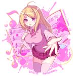  1girl ahoge akamatsu_kaede bangs beamed_eighth_notes blonde_hair blush breasts character_name commentary_request danganronpa eighth_note enperaa eyebrows_visible_through_hair hair_ornament highres large_breasts long_hair long_sleeves looking_at_viewer musical_note musical_note_hair_ornament necktie new_danganronpa_v3 open_mouth pleated_skirt purple_eyes school_uniform shirt skirt smile sweater_vest 