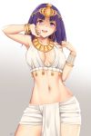  1girl absurdres amulet arciealbano bare_shoulders bracelet breasts cleavage earrings egyptian egyptian_clothes hidan_no_aria highres hoop_earrings jewelry looking_at_viewer midriff navel necklace patra_(hidan_no_aria) pendant purple_eyes purple_hair short_hair smile solo usekh_collar 
