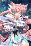  1girl blue_eyes breasts commentary_request gloves hair_ornament link_(aa30) long_hair looking_at_viewer maria_cadenzavna_eve open_mouth pink_hair senki_zesshou_symphogear solo very_long_hair weapon 