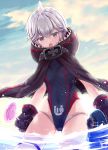  1girl :o akasaka_asa animal_hood ass_visible_through_thighs azur_lane bikini_bottom black_gloves black_swimsuit candy cloud cloudy_sky commentary_request covered_navel day fang food gloves grey_eyes highres holding_lollipop hood lollipop looking_at_viewer one-piece_swimsuit open_mouth outdoors shark_hood short_hair silver_hair skindentation sky solo swimsuit swirl_lollipop thighhighs thighs u-110_(azur_lane) wading water white_bikini_bottom white_legwear 