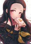  1girl bangs black_hair black_sailor_collar black_shirt brown_hair brown_neckwear cat_hair_ornament collarbone commentary eating fingernails food forehead fried_egg fried_egg_on_toast gradient_hair hair_ornament holding holding_food kamado_nezuko kimetsu_no_yaiba long_hair long_sleeves looking_at_viewer multicolored_hair neckerchief ozzingo parted_bangs sailor_collar school_uniform serafuku shirt simple_background sleeves_past_wrists solo symbol_commentary toast upper_body white_background 