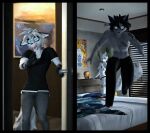 3d_(artwork) absurd_res anthro bed boyfriend/girlfriend brother_(lore) brother_and_sister_(lore) canid canine canis clothed clothing digital_media_(artwork) domibun dreamworks female flinch flinching fox furniture glowing glowing_eyes group hi_res kole_(domibun) kung_fu_panda leo_(domibun) male mammal master_tigress maxine_(domibun) on_bed on_bedding poster running running_towards_viewer scared sibling_(lore) sister_(lore) source_filmmaker_(artwork) topless trio wolf