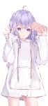  1girl absurdres ahoge alternate_costume azur_lane bird casual cellphone chick commentary_request contemporary highres holding hood hooded_sweater long_hair looking_at_viewer manjuu_(azur_lane) one_eye_closed parted_lips phone purple_eyes purple_hair smartphone solo sweater transparent_background unicorn_(azur_lane) waving white_sweater zuu_(qq770463651) 