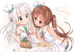  2girls anchor anchor_hair_ornament bangs blush brown_eyes brown_hair candle dress eating eyebrows_visible_through_hair food fork green_eyes hair_ornament hair_ribbon highres hizuki_yayoi holding holding_fork italian_text kantai_collection libeccio_(kantai_collection) long_hair maestrale_(kantai_collection) meatball mouth_hold multiple_girls one_side_up pasta ribbon sailor_collar sailor_dress silver_hair simple_background sleeveless sleeveless_dress spaghetti spaghetti_and_meatballs striped striped_neckwear table tablecloth tan twintails white_background 