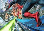  aircraft airplane battle beam bodysuit bridge cape car destruction drone explosion ground_vehicle helmet lightning marvel mask motor_vehicle murata_yuusuke mysterio official_art silk spider-man spider-man:_far_from_home spider-man_(series) spider_web spider_web_print superhero tiptoes twister water 