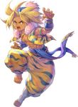  1boy abs animal_print artist_request barefoot blonde_hair blue_headwear dark_skin full_body fur_trim hat jewelry kevin_(seiken_densetsu_3) long_hair looking_at_viewer male_focus necklace official_art open_mouth pectorals pom_pom_(clothes) seiken_densetsu seiken_densetsu_3 solo tiger_print transparent_background vest wrist_cuffs 