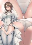  1girl alternate_costume arms_behind_back ass blush braid breasts bridal_veil brown_hair chung_cthemax closed_mouth covered_navel covered_nipples dress eyebrows_visible_through_hair french_braid girls_frontline green_eyes hair_between_eyes highres korean_commentary labia large_breasts lee-enfield_(girls_frontline) leotard long_hair thighhighs thighs veil wedding_dress 