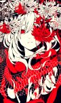  1girl 3kuma black_serafuku closed_mouth enpera flower_request hair_between_eyes hair_ornament highres kagerou_project long_hair monochrome neckerchief red_eyes red_scarf red_theme scales scarf school_uniform serafuku shirt solo spot_color tateyama_ayano 