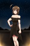  1girl ahoge andou_natsuki arm_at_side bangs bare_arms bare_shoulders black_choker black_dress blush breasts brown_eyes brown_hair choker collarbone commentary dress ear_blush feet_out_of_frame hair_between_eyes hand_on_hip highres huge_ahoge jewelry kitakubu_katsudou_kiroku looking_at_viewer medium_breasts night night_sky off-shoulder_dress off_shoulder outdoors ring short_hair sky smile solo star_(sky) starry_sky twitter_username twrlare wedding_band 