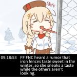  1girl blonde_hair braid breasts closed_eyes commentary english_text fence fnc_(girls_frontline) girls_frontline hair_between_eyes hair_ornament hat highres licking open_mouth snafu snow solo tears tongue tongue_out tree twin_braids 