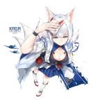  1girl absurdres aircraft airplane animal_ears azur_lane blue_eyes blue_skirt boots breasts character_name choker chrysanthemum cleavage copyright_name english_text eyebrows_visible_through_hair flight_deck flower fox_ears fox_mask fox_tail from_above full_body highres japanese_clothes kaga_(azur_lane) kimono looking_at_viewer looking_up mask medium_breasts miniskirt multiple_tails pleated_skirt short_hair silver_hair simple_background skirt smile solo tail white_background white_footwear wide_sleeves wristband yossui 
