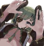  1girl bangs blue_eyes blurry_foreground blush breasts curled_horns demon_girl demon_horns detached_sleeves epi_zero eyepatch frills from_below green_hair green_neckwear honey_strap horns large_breasts long_sleeves looking_at_viewer looking_down navel no_bra parted_lips sekishiro_mico short_hair simple_background solo underboob virtual_youtuber white_background 