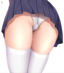  1girl absurdres ass blue_skirt chun-ge from_behind highres original panties pleated_skirt signature simple_background skindentation skirt solo thighhighs thighs underwear white_background white_legwear white_panties 