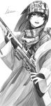  1girl absurdres commentary facial_mark fangs goggles goggles_around_neck greyscale gun highres holding holding_gun holding_weapon long_hair looking_at_viewer monochrome original rifle savuxan science_fiction sniper_rifle solo weapon white_background 